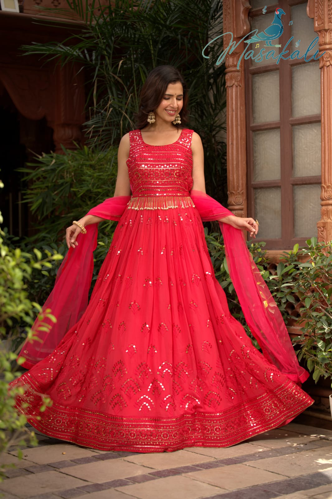 Red Solid Angrakha A-Line Dress with Dupatta